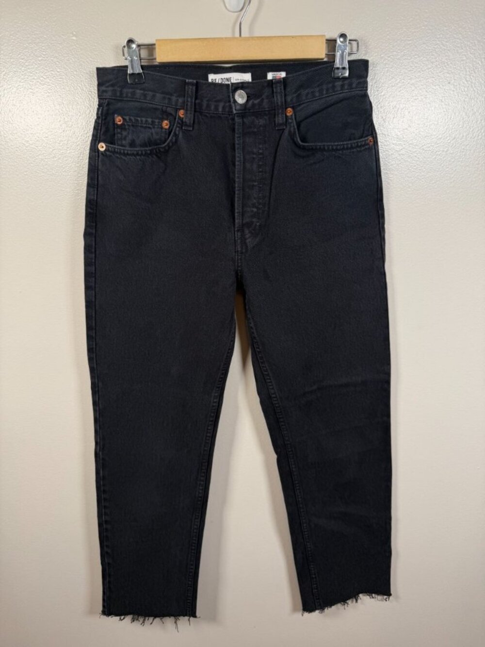 Re/Done High Rise Stove Pipe Jeans Size 27 Black Frayed Hem Denim